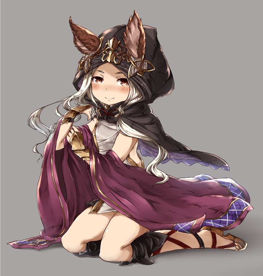 animal_ears blush cloak commentary_request dress ears_through_headwear erune female granblue_fantasy grey_background highres hood hooded_cloak long_hair mochizuki_usagi red_eyes sandals scathacha_(granblue_fantasy) short_dress simple_background sitting smile solo wariza white_hair