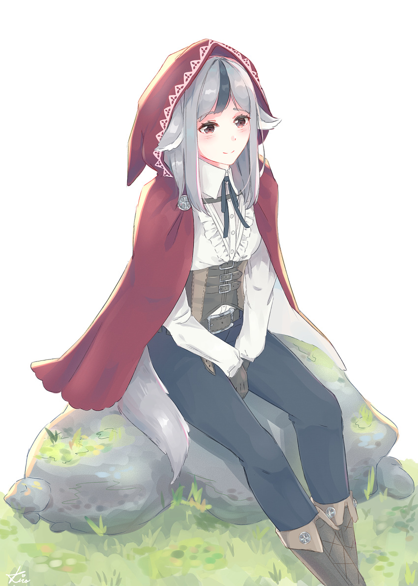 animal_ears belt black_hair closed_mouth commentary_request female fire_emblem fire_emblem_fates fire_emblem_heroes gloves grass grey_hair highres hood hood_up kiro125 long_hair multicolored_hair outdoors pants red_eyes rock sitting smile solo streaked_hair tail velouria_(fire_emblem) wolf_ears wolf_tail