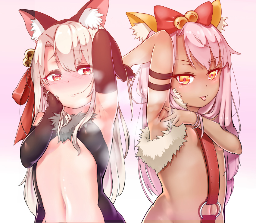 2girls :p absurdres animal_ears armpits bare_shoulders bell black_gloves black_leotard blush bow breasts brown_eyes cat_ears chloe_von_einzbern chloe_von_einzbern_(beast_style) commentary_request dark-skinned_female dark_skin elbow_gloves fate/kaleid_liner_prisma_illya fate_(series) fur_trim gloves gradient_background hair_bell hair_between_eyes hair_in_own_mouth hair_ornament hairbow heart heart-shaped_pupils highres illyasviel_von_einzbern illyasviel_von_einzbern_(beast_style) jingle_bell leotard light_brown_hair long_hair looking_at_viewer multiple_girls navel nose_blush note2000 o-ring official_alternate_costume pink_background pink_hair presenting_armpit red_bow red_eyes small_breasts smile spread_armpit steaming_body symbol-shaped_pupils tongue tongue_out upper_body very_long_hair white_background