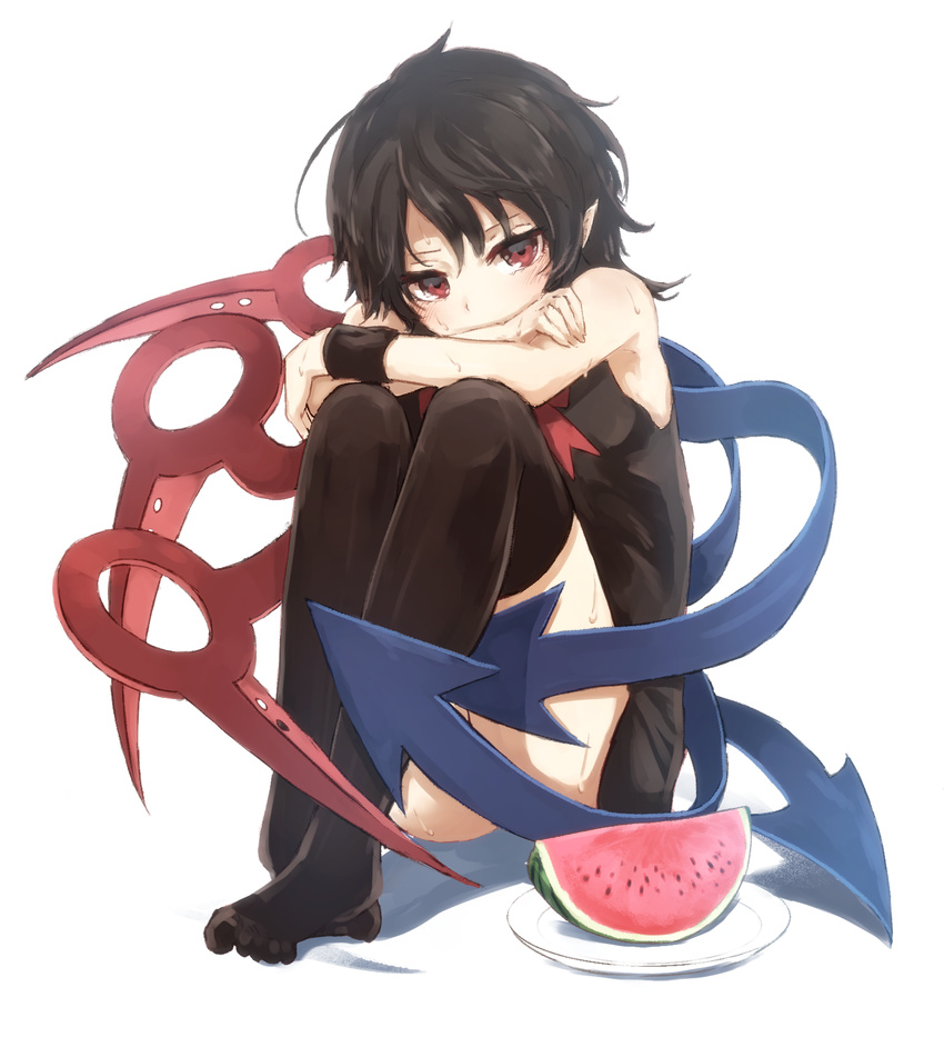 asymmetrical_wings bad_id bad_pixiv_id bare_shoulders black_dress black_hair black_thighhighs blush dress female food fruit full_body highres houjuu_nue looking_at_viewer plate pointy_ears red_eyes short_dress short_hair sitting sleeveless sleeveless_dress solo sweat thighhighs thkani touhou watermelon wings wrist_cuffs