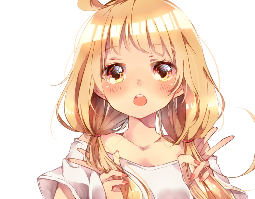 blonde_hair blush close futaba_anzu idolmaster idolmaster_cinderella_girls long_hair naoton shirt yellow_eyes