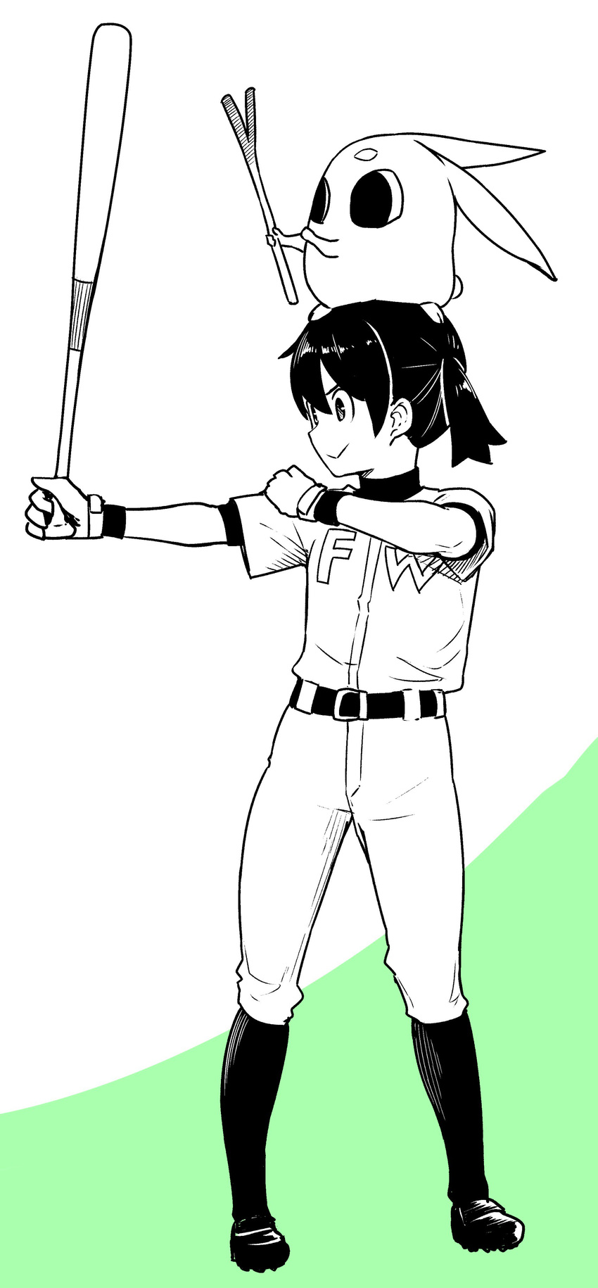 absurdres baseball baseball_bat baseball_uniform commentary female flying_witch gloves hamabe_usagi hand_on_own_shoulder highres ishizuka_chihiro kuramoto_chinatsu official_art simple_background solo sportswear spring_onion suzuki_ichirou undershirt