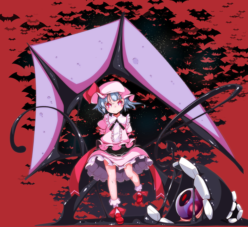 arms_behind_back bare_legs bat_(animal) blue_hair bobby_socks bright_pupils center_frills closed_mouth commentary_request demon_tail female frills full_body hat hat_ribbon highres looking_at_viewer mob_cap pink_hat pink_skirt red_eyes red_footwear red_ribbon remilia_scarlet ribbon shoes skirt smile socks solo standing tail touhou white_socks yofukashi