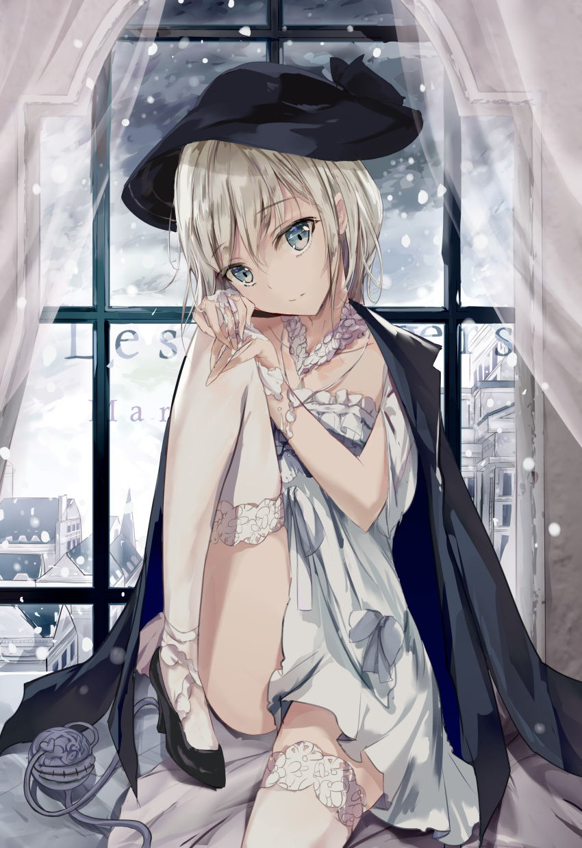 absurdres black_footwear black_hat black_jacket blue_eyes building closed_mouth cloud cloudy_sky collarbone commentary curtains dress eien_no_juu_nana-sai female grey_hair hair_between_eyes hands_on_own_knee hat head_tilt heart high_heels highres indoors jacket jacket_on_shoulders komeiji_koishi long_hair looking_at_viewer overcast shoes sitting sky snowing solo thighhighs third_eye touhou transparent white_dress white_thighhighs window