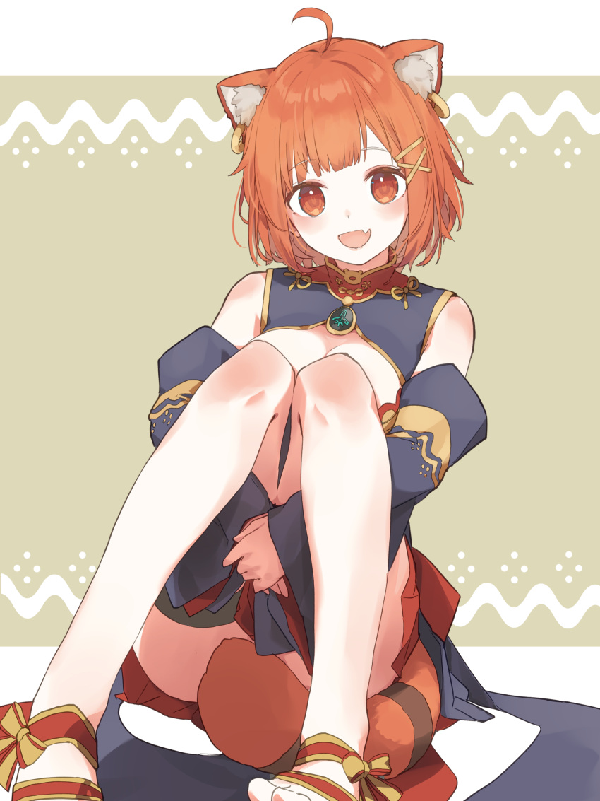 :d absurdres ahoge animal_ears bare_shoulders breasts cleavage cleavage_cutout clothing_cutout detached_sleeves female hair_ornament hairclip highres long_sleeves nijisanji oerba_yun_fang open_mouth ratna_petit ratna_petit_(2nd_costume) rb2 red_eyes red_hair short_hair sitting smile solo tail tareme virtual_youtuber