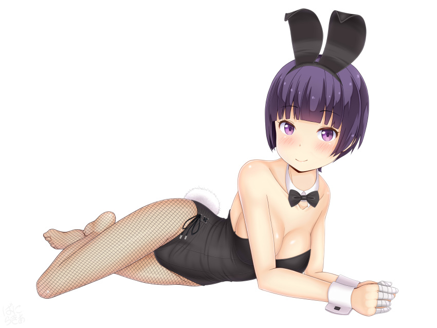 absurdres animal_ears black_bow black_bowtie black_eyes black_leotard bow bowtie commentary_request detached_collar eromanga_sensei fake_animal_ears female fishnet_pantyhose fishnets highres leotard looking_at_viewer lying on_side pantyhose playboy_bunny purple_eyes rabbit_ears rabbit_tail sainohikari senju_muramasa short_hair simple_background smile solo strapless strapless_leotard tail white_background wrist_cuffs