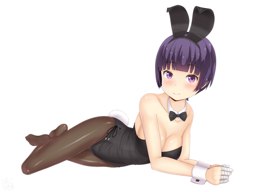 absurdres animal_ears black_bow black_bowtie black_eyes black_leotard black_pantyhose bow bowtie commentary_request detached_collar eromanga_sensei fake_animal_ears female highres leotard looking_at_viewer lying on_side pantyhose playboy_bunny purple_eyes rabbit_ears rabbit_tail sainohikari senju_muramasa short_hair simple_background smile solo strapless strapless_leotard tail white_background wrist_cuffs