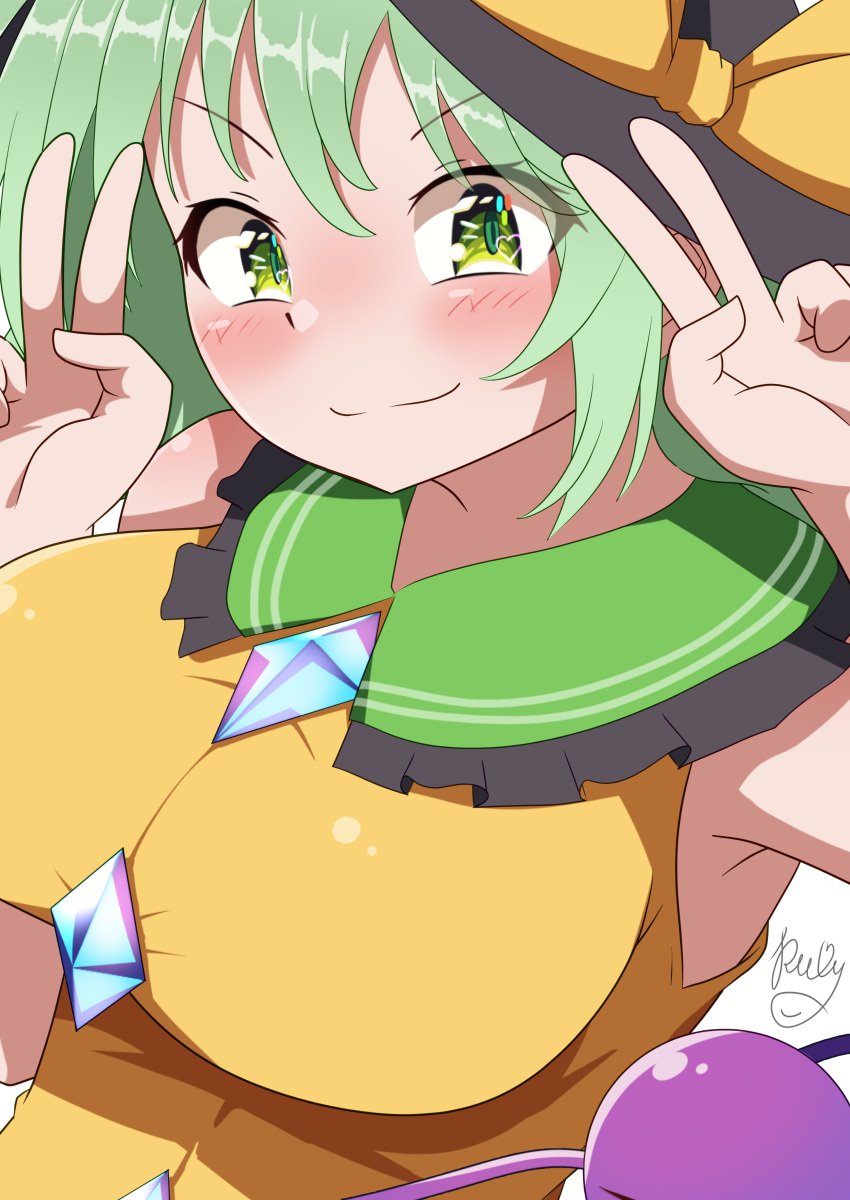 absurdres alternate_breast_size breasts closed_mouth commentary double_v female frilled_shirt_collar frills green_eyes green_hair hat highres komeiji_koishi large_breasts looking_at_viewer polyhedron2 short_hair simple_background sleeveless smile solo third_eye touhou upper_body v v-shaped_eyebrows white_background