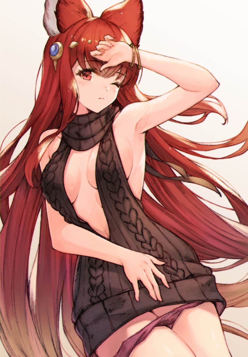 animal_ears anthuria arm_up armpits bad_id bad_pixiv_id bangle black_sweater blush bracelet breasts cleavage cleavage_cutout closed_mouth clothing_cutout cowboy_shot erune female gradient_background granblue_fantasy grey_background hair_ornament hand_on_forehead highres jewelry koretsuki_azuma long_hair medium_breasts meme_attire one_eye_closed panties panty_pull pink_panties red_eyes red_hair sleeveless sleeveless_turtleneck solo sweater turtleneck underwear very_long_hair virgin_killer_sweater