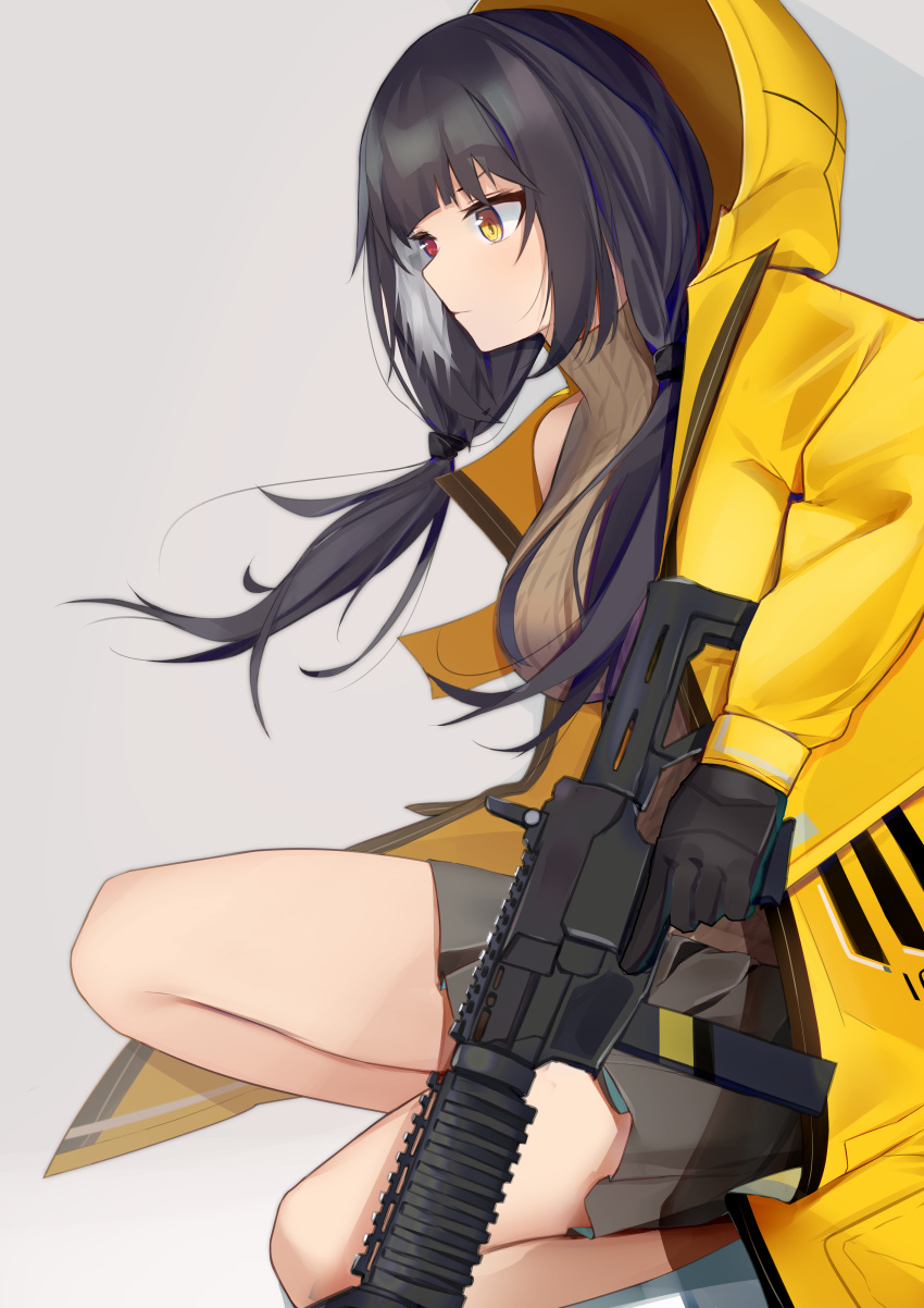 absurdres black_gloves black_hair breasts brown_sweater_vest colt_9mm_smg female girls'_frontline gloves gun heterochromia highres holding holding_gun holding_weapon hood hood_up hooded_jacket jacket kotoha_(kotoha65) large_breasts long_hair long_sleeves low_twintails multicolored_hair red_eyes ro635_(girls'_frontline) solo streaked_hair submachine_gun sweater_vest twintails weapon white_hair yellow_eyes yellow_jacket