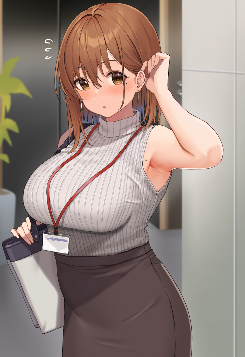 :o arm_up armpits blush breasts brown_hair dark_skin earrings female flying_sweatdrops high-waist_skirt highres jewelry lanyard large_breasts looking_at_viewer mole mole_under_eye ol-chan_(udon) original ribbed_sweater skirt sleeveless sleeveless_sweater solo sweater sweater_tucked_in tucking_hair udon_(udonalium) white_sweater