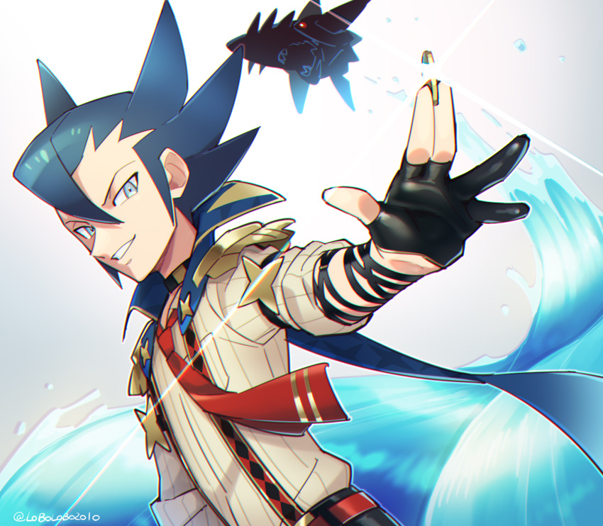 1boy black_gloves blue_cape blue_hair cape coin commentary_request epaulettes glint gloves grey_eyes grimsley_(pokemon) grimsley_(sygna_suit)_(pokemon) hair_between_eyes highres holding holding_coin looking_at_viewer male_focus mega_pokemon mega_sharpedo momoji_(lobolobo2010) necktie official_alternate_costume parted_lips partially_fingerless_gloves pokemon pokemon_(creature) pokemon_masters_ex red_necktie sharpedo shirt sleeves_rolled_up smile spiked_hair suspenders water water_drop