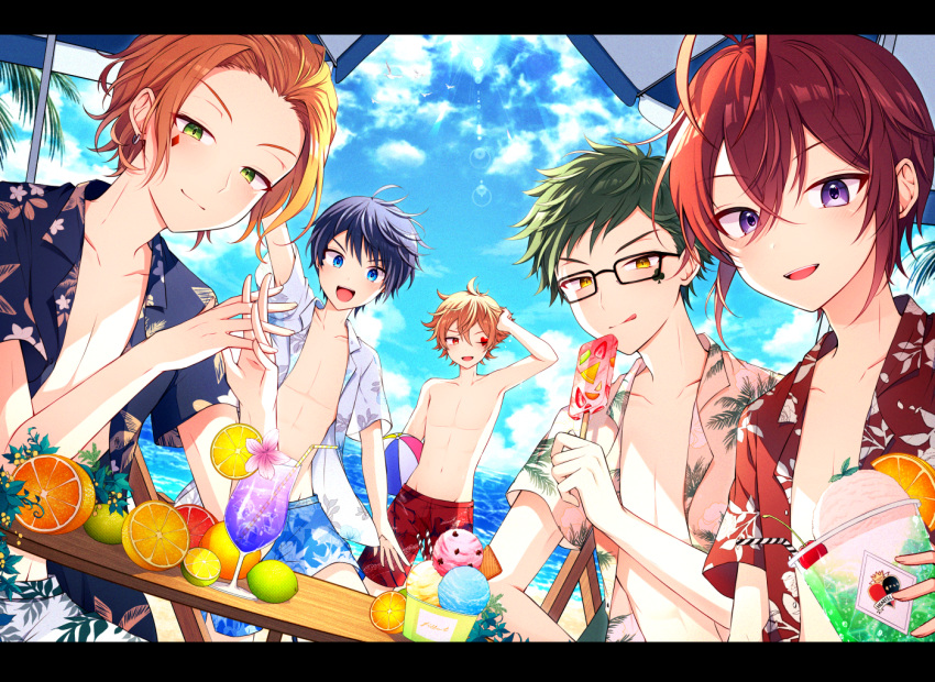 5boys ace_trappola antenna_hair blue_eyes blue_hair cater_diamond closed_mouth desk deuce_spade drinking_straw facial_tattoo food forehead fruit glass glasses green_eyes green_hair ice_cream male_focus male_swimwear multiple_boys one_eye_closed open_clothes open_mouth open_shirt orange_(fruit) orange_hair popsicle print_shirt purple_eyes red_eyes red_hair red_shirt riddle_rosehearts shirt smile swim_trunks swimsuit tattoo tobari_(brokenxxx) topless_male trey_clover twisted_wonderland white_shirt yellow_eyes