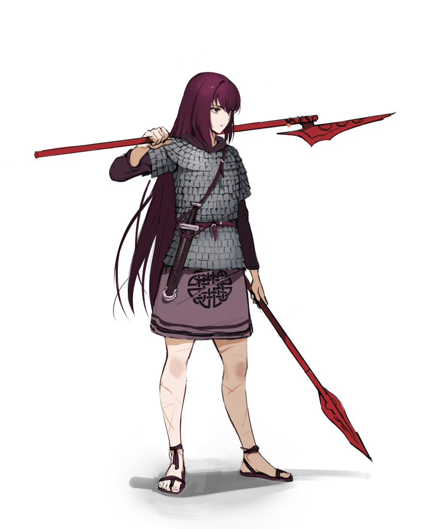 alternate_costume celtic fate/grand_order fate_(series) female full_body glaive_(polearm) highres jason_kim long_hair polearm red_eyes red_hair sandals scar scathach_(fate) simple_background solo spear toeless_footwear weapon white_background