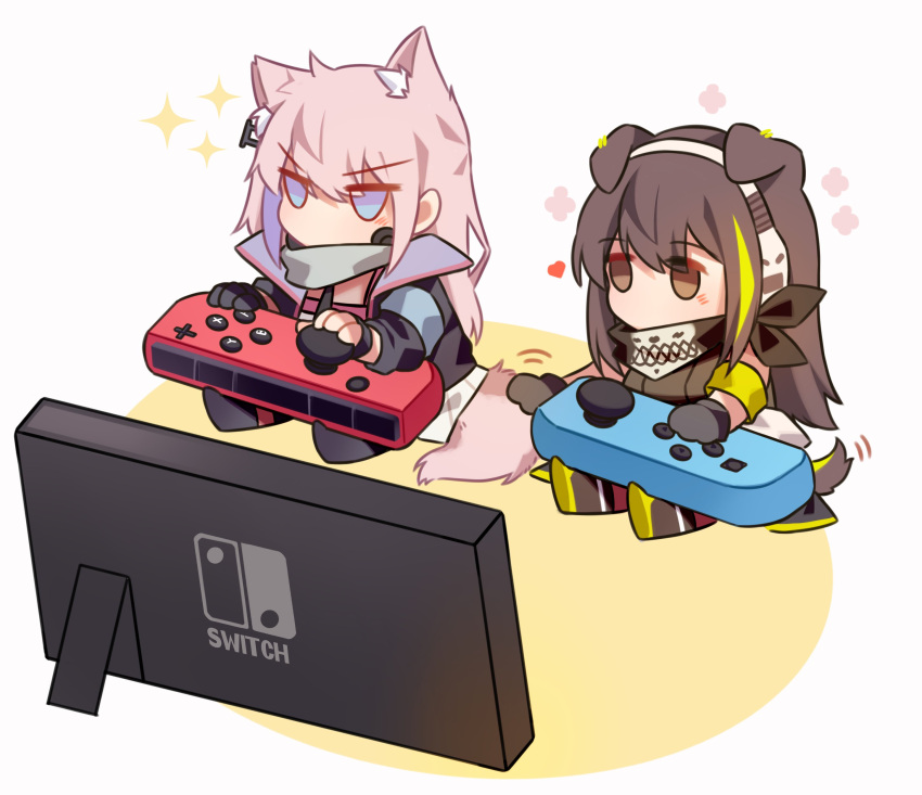 2girls absurdres animal_ears armband black_gloves black_jacket brown_eyes brown_hair chibi dog_ears dog_girl dog_tail fingerless_gloves girls'_frontline gloves green_hair headphones highres jacket long_hair m4a1_(girls'_frontline) multicolored_hair multiple_girls nintendo_switch pink_hair playing_games purple_hair scarf sitting st_ar-15_(girls'_frontline) streaked_hair tail white_background yuutama2804