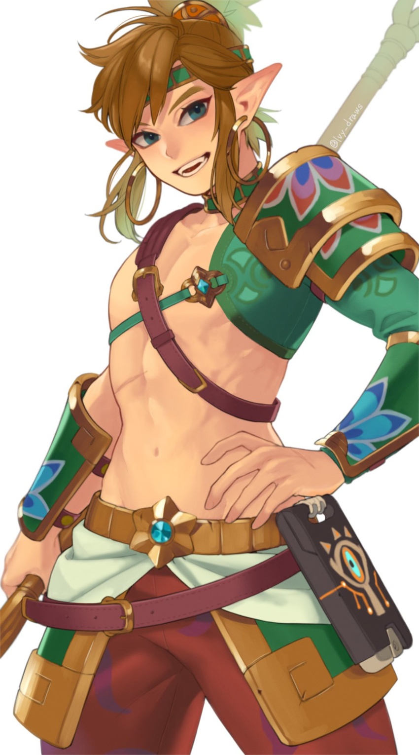 1boy artist_name blonde_hair blue_eyes brown_hair collarbone cowboy_shot desert_voe_set_(zelda) earrings fangs hand_on_own_hip highres holding holding_weapon hoop_earrings ivy_(sena0119) jewelry link looking_at_viewer male_focus medium_hair navel official_alternate_costume open_mouth pants pointy_ears polearm sheikah_slate simple_background smile solo spear stomach the_legend_of_zelda the_legend_of_zelda:_breath_of_the_wild toned toned_male weapon white_background