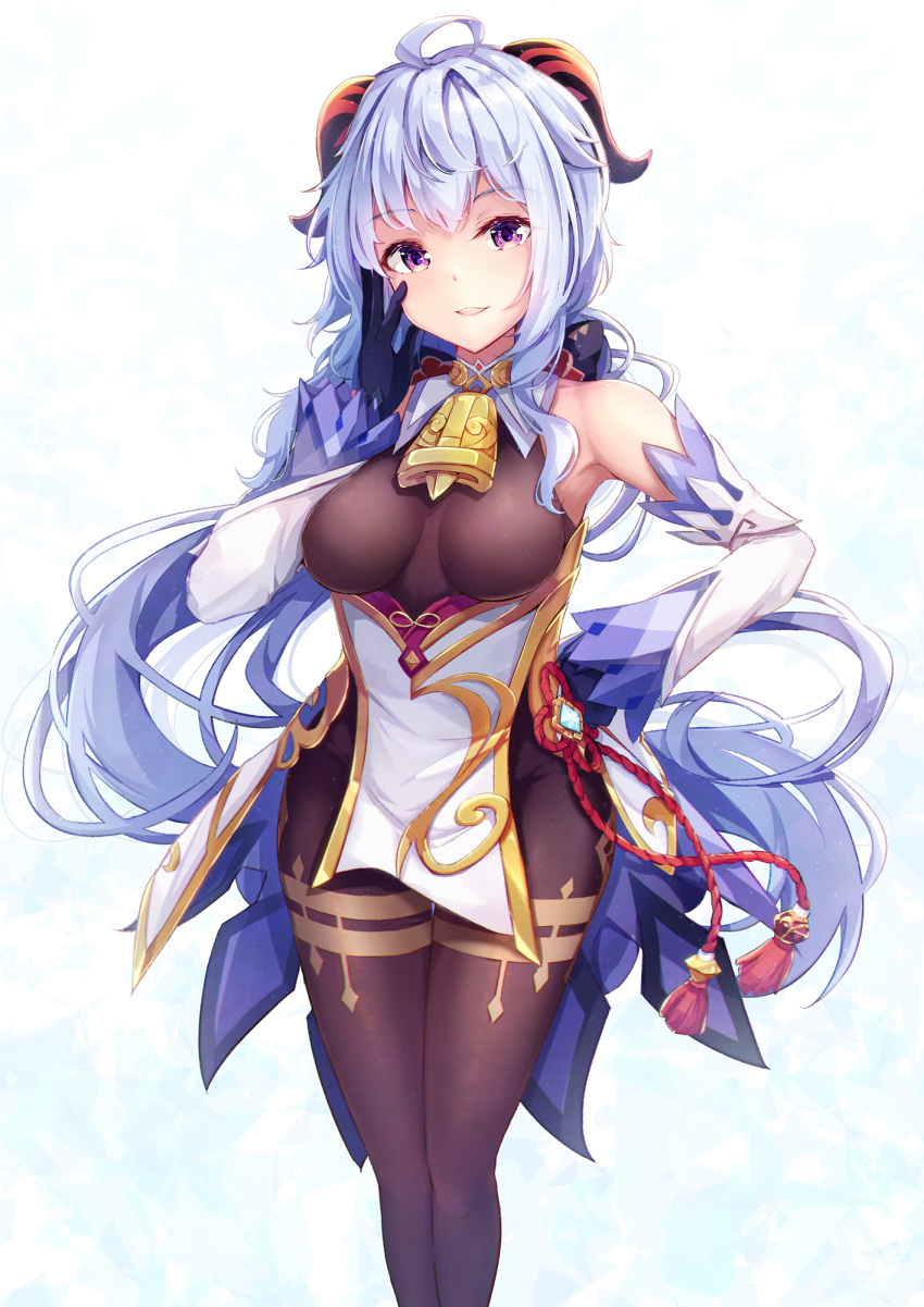 :d ahoge armpits bare_shoulders bell black_gloves black_pantyhose blue_hair blush bow breasts chinese_knot commentary cowbell cucchiore detached_sleeves female flower_knot ganyu_(genshin_impact) genshin_impact gloves gold_trim hairbow half-closed_eyes hand_on_own_face hand_on_own_hip highres horns long_hair long_sleeves looking_at_viewer medium_breasts neck_bell open_mouth paid_reward_available pantyhose pelvic_curtain purple_eyes red_rope rope smile solo standing tassel thigh_gap thighlet thighs vision_(genshin_impact) white_background white_sleeves