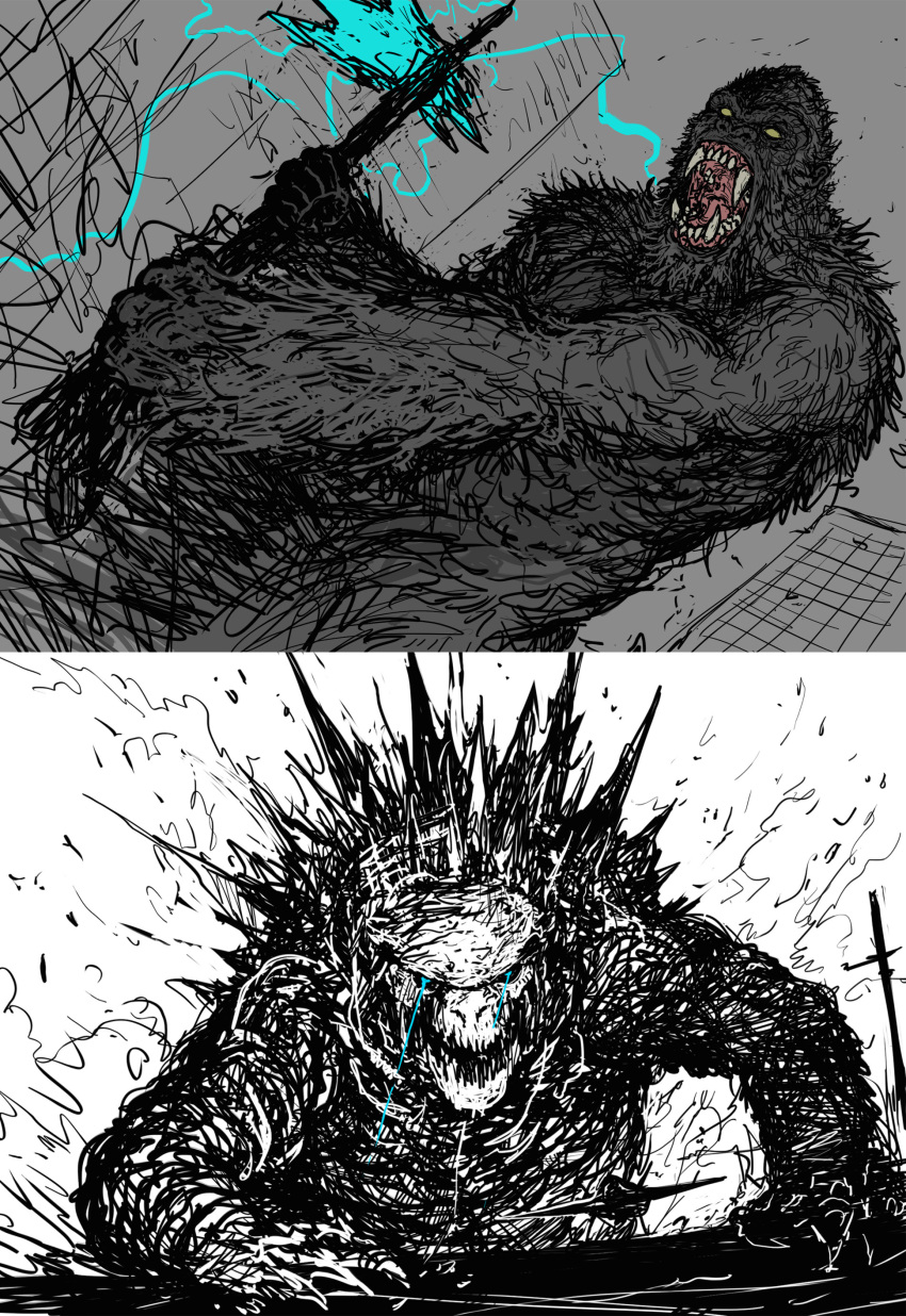 absurd_res ape axe blue_eyes claws digital_media_(artwork) fangs fur godzilla godzilla_(series) godzilla_vs._kong gorilla haplorhine hi_res holding_object holding_weapon kaiju king_kong king_kong_(series) male mammal megaprimatus_kong melee_weapon monster open_mouth primate reptile scales scalie sketchy spaghettibastard spikes teeth toho weapon yellow_eyes