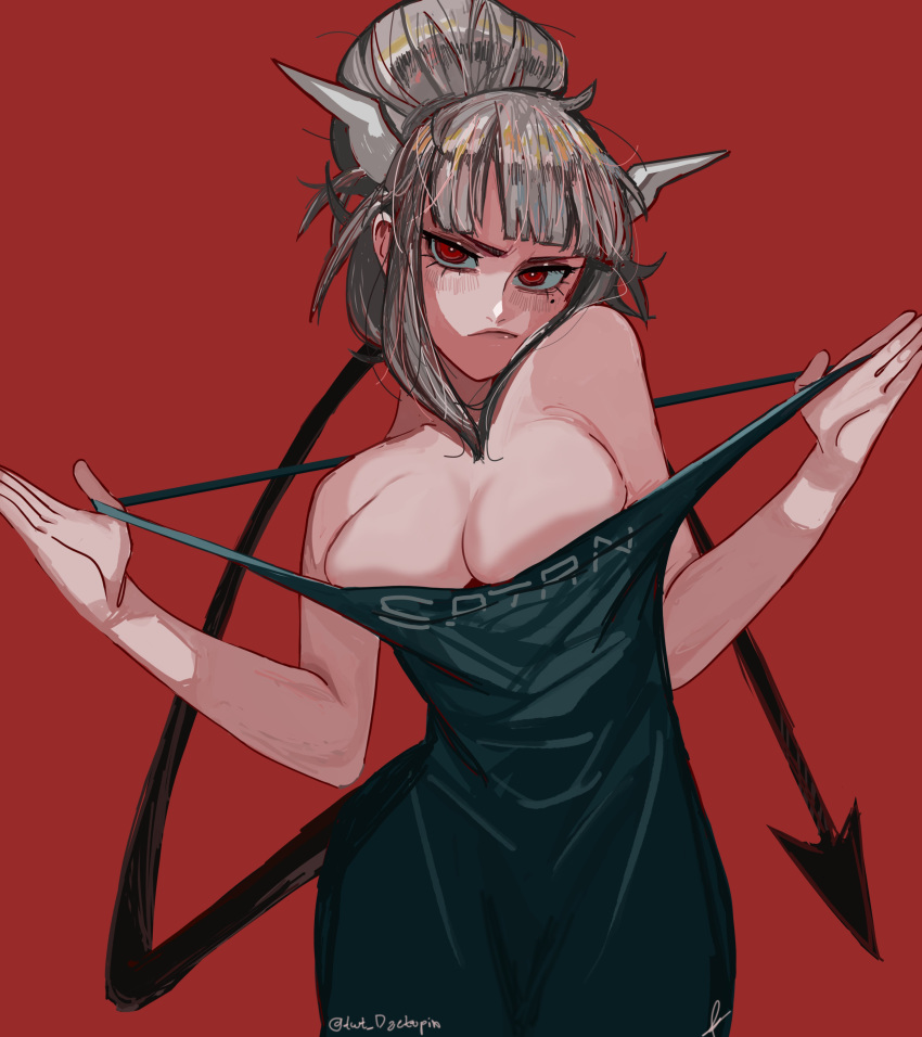 absurdres adjusting_strap apron bare_shoulders black_apron black_tail breasts demon_horns demon_tail english_text expressionless female frown grey_hair helltaker highres horns large_breasts looking_at_viewer lucifer_(helltaker) mole mole_under_eye naked_apron pentagram red_background red_eyes savadava sidelocks tail tied_hair white_horns