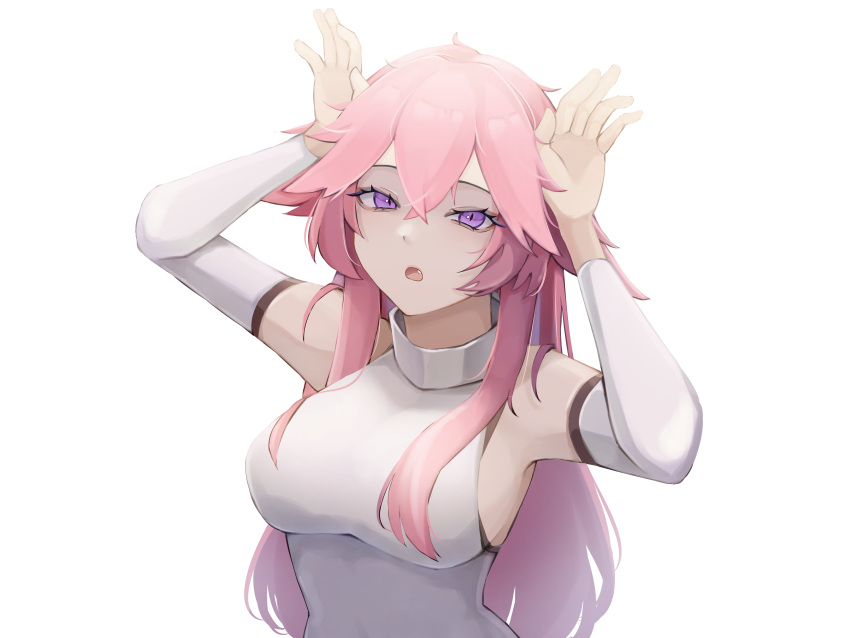 :o absurdres animal_ears arm_warmers armpits arms_up bare_shoulders breasts female floppy_ears fox_ears genshin_impact highres large_breasts long_hair looking_at_viewer oerba_yun_fang open_mouth pink_hair purple_eyes shirt simple_background sleeveless sleeveless_shirt sleeveless_turtleneck solo turtleneck upper_body white_background white_shirt yae_miko yuu_azma