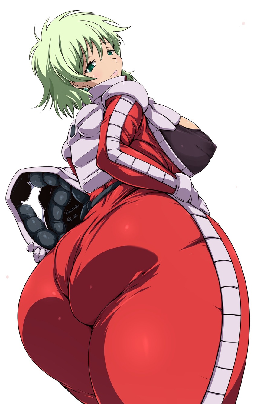 aina_saharin ass blush bodysuit breasts covered_nipples female from_behind geroika green_eyes green_hair gundam gundam_08th_ms_team helmet highres holding holding_helmet large_breasts lips looking_at_viewer looking_back pilot pilot_suit red_bodysuit science_fiction shiny_clothes shiny_skin short_hair simple_background skin_tight smile solo standing white_background