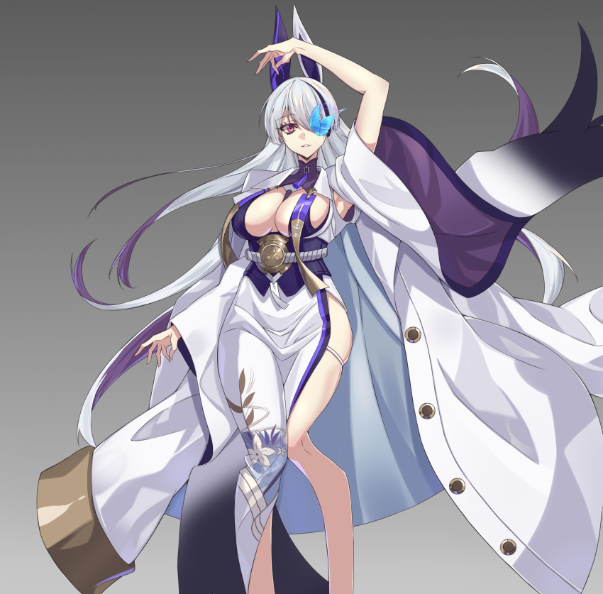 armpits azur_lane blue_butterfly breasts bug butterfly cleavage cleavage_cutout clothing_cutout female floral_print_kimono hair_over_one_eye hand_up highres japanese_clothes kimono large_breasts long_hair long_sleeves multicolored_hair ouka_(sakura_oinari) print_kimono side_slit solo streaked_hair unzen_(azur_lane)