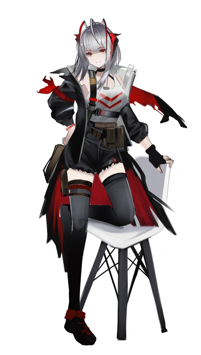 antenna_hair arknights bare_shoulders belt belt_pouch black_choker black_coat black_gloves black_shorts black_thighhighs breasts chair choker coat eugle_na female fingerless_gloves full_body gloves grey_hair hand_on_own_hip highres horns looking_at_viewer medium_breasts multicolored_hair off_shoulder official_alternate_costume open_clothes open_coat parted_lips pouch red_eyes red_hair shirt short_hair short_shorts shorts simple_background single_glove smile solo standing tank_top thigh_pouch thigh_strap thighhighs two-tone_hair w_(arknights) white_background white_shirt