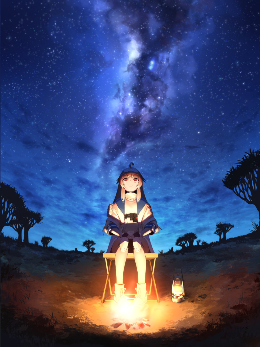 antenna_hair azur_lane baobab black_gloves blonde_hair blue_jacket boots campfire camping camping_chair chair cloud columbia_(across_the_vast_prairies)_(azur_lane) columbia_(azur_lane) eyewear_on_head female gloves grass hands_on_own_thighs highres jacket lantern long_hair looking_up milky_way night night_sky official_alternate_costume outdoors red_eyes savannah shirt sitting sky smile solo star_(sky) starry_sky sunglasses white_footwear white_shirt yohia