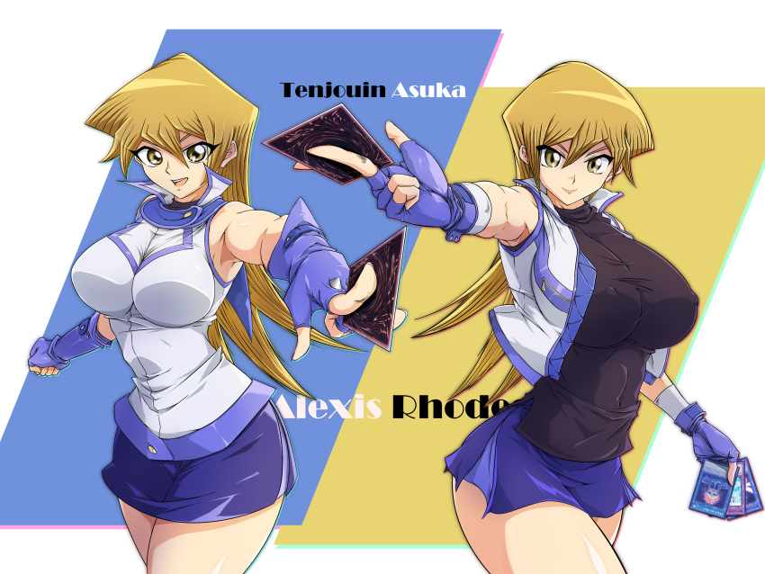 absurdres arashi_asuka bare_shoulders blonde_hair blue_skirt breasts card character_name cleavage closed_mouth commentary_request covered_nipples cropped_jacket cyber_angel_vrash duel_academy_uniform_(yu-gi-oh!_arc-v) duel_academy_uniform_(yu-gi-oh!_gx) etoile_cyber female fingernails gloves highres holding jacket large_breasts lips long_hair looking_at_viewer machine_angle_ritual miniskirt open_clothes open_mouth shiny_skin simple_background skirt sleeveless tenjouin_asuka thighs yellow_eyes yu-gi-oh! yu-gi-oh!_arc-v yu-gi-oh!_gx