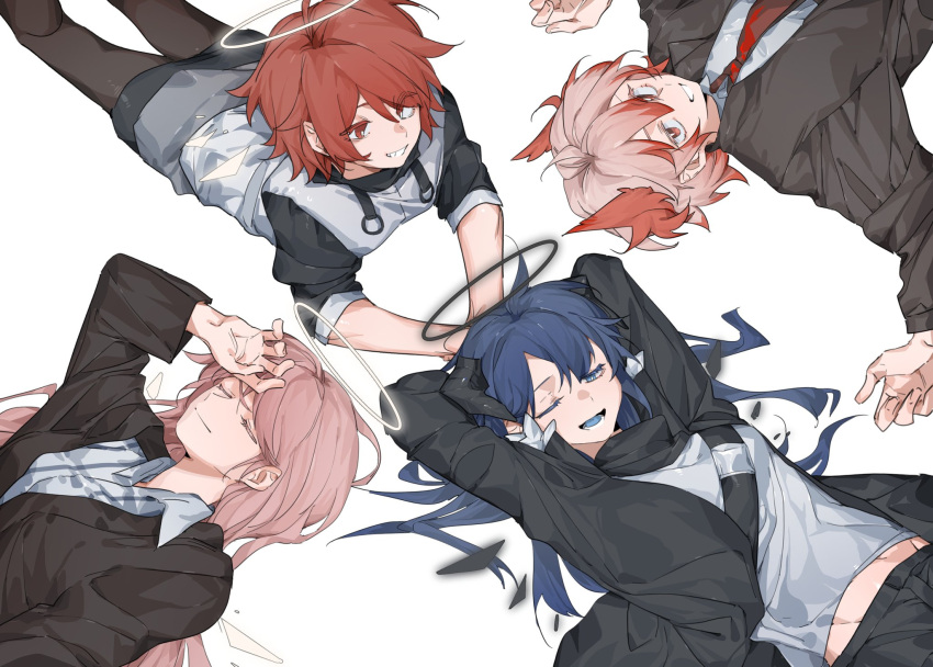 4girls :d arknights arm_up arms_behind_head arms_up black_jacket black_pantyhose black_skirt blue_eyes blue_hair closed_eyes closed_mouth collared_shirt detached_wings energy_wings exusiai_(arknights) fiammetta_(arknights) grey_jacket grey_shirt hair_between_eyes halo hand_on_forehead highres horns jacket lemuen_(arknights) long_hair lying miniskirt molu_stranger mostima_(arknights) multicolored_hair multiple_girls necktie on_back on_stomach one_eye_closed open_clothes open_jacket pantyhose parted_lips pink_hair red_eyes red_hair red_necktie shirt short_hair short_sleeves skirt smile striped_clothes striped_shirt two-tone_hair vertical-striped_clothes vertical-striped_shirt wings