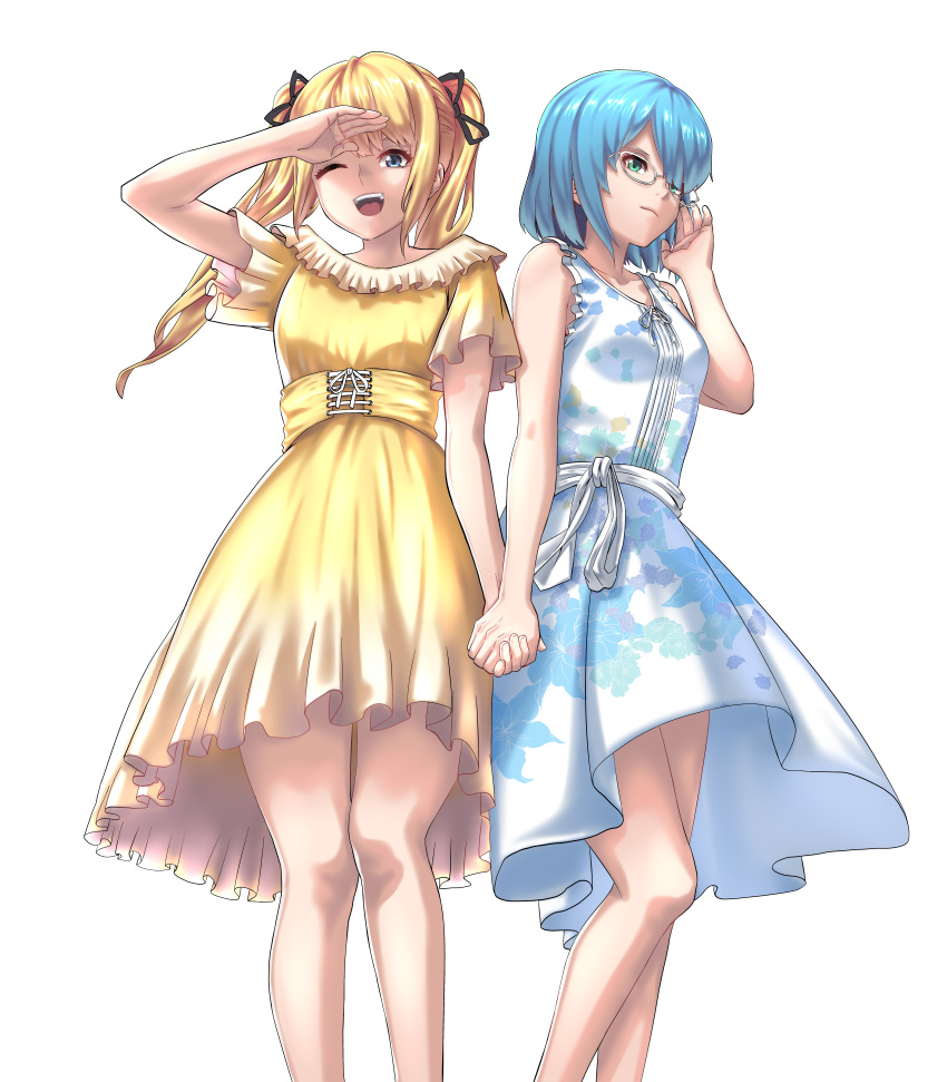 2girls ;d absurdres aqua_eyes bad_id bad_pixiv_id blonde_hair blue_eyes blue_hair commentary dead_or_alive dead_or_alive_6 dress floral_print glasses highres holding_hands long_hair marie_rose multiple_girls nico_(doa) one_eye_closed open_mouth short_hair smile symbol-only_commentary twintails white_dress yellow_dress zaino