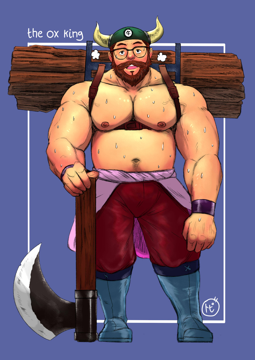 1boy abs absurdres alternate_costume axe bara battle_axe beard belly breath brown_hair bulge character_name chest_harness commentary dragon_ball english_commentary facial_hair fake_horns full_body glasses gyuu_mao harness hat highres horned_headwear horns large_pectorals looking_at_viewer male_focus mature_male mixed-language_commentary muscular muscular_male navel navel_hair nipples pants pectorals planted plump red_pants short_hair solo standing stomach sweat topi_(topi5356) topless_male underbust weapon wood woodcutter