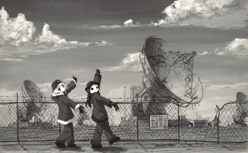 2girls chito_(shoujo_shuumatsu_ryokou) cloud cloudy_sky commentary_request fence fur_trim gloves greyscale hat highres leoleonardk10 long_sleeves monochrome multiple_girls no_nose pose satellite_dish shadow shoujo_shuumatsu_ryokou sky standing wide_shot yuuri_(shoujo_shuumatsu_ryokou)