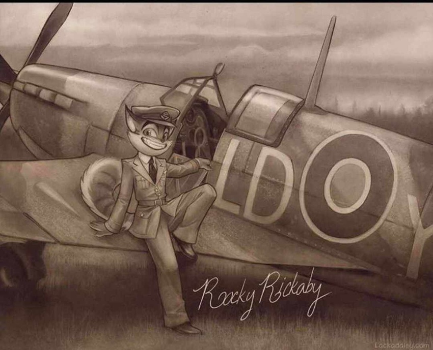 aircraft airplane anthro clothed clothing english_text fully_clothed hawker_hurricane lackadaisy looking_at_viewer male military_uniform monochrome outside rocky_rickaby smile solo text tracy_j._butler uniform vehicle world_war_2