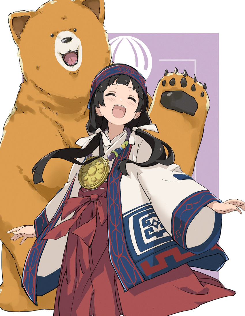 ainu_clothes amayadori_machi bear blunt_bangs commentary_request commission female gloves hakama hakama_skirt headband highres japanese_clothes kumai_natsu kumamiko low_twintails medallion miko rauto red_hakama ribbon-trimmed_gloves ribbon_trim skirt twintails