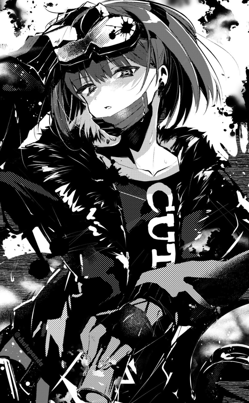 andreana_(arknights) arknights arm_up ba_kanoko clothing_aside collarbone female fingerless_gloves fur-trimmed_jacket fur_trim gloves goggles goggles_on_head greyscale highres ink jacket long_sleeves looking_at_viewer mask mask_pull monochrome mouth_mask open_clothes open_jacket parted_lips shirt short_hair solo upper_body