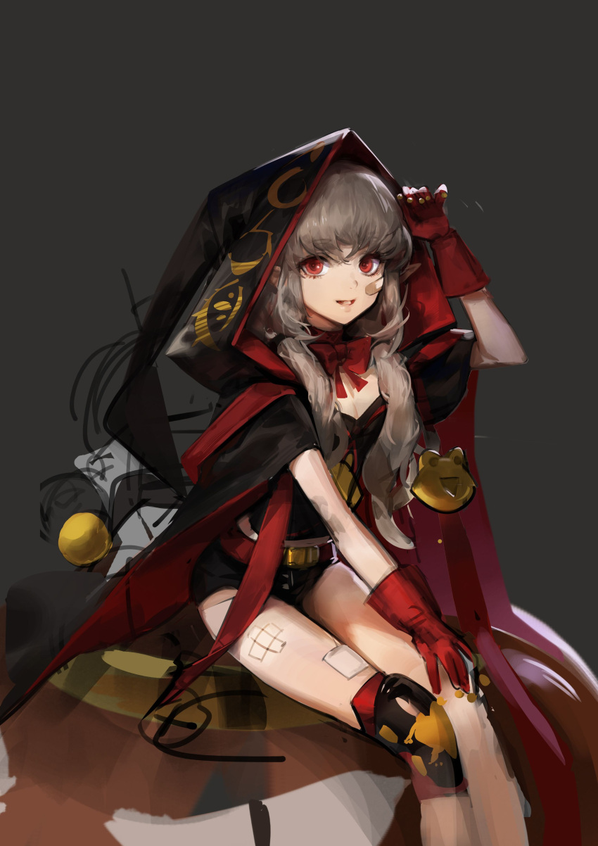 absurdres artist_request bandaid belt black_cloak bow bowtie brown_hair clenched_teeth cloak dungeon_and_fighter female gloves grey_background highres ikki_the_vikki knee_guards looking_at_viewer painting_(medium) parted_lips red_eyes red_gloves second-party_source shorts sitting smile solo teeth traditional_media