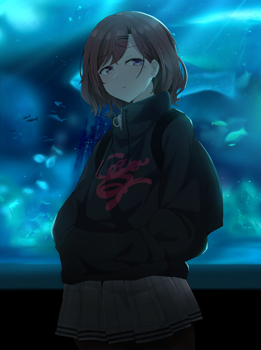 :o aquarium ayumu_(ayumu3659) backlighting bad_id bad_twitter_id black_jacket black_pantyhose brown_hair commentary_request female fish grey_skirt hair_ornament hairclip hands_in_pocket highres higuchi_madoka idolmaster idolmaster_shiny_colors jacket looking_to_the_side mole mole_under_eye open_mouth pantyhose purple_eyes short_hair skirt solo