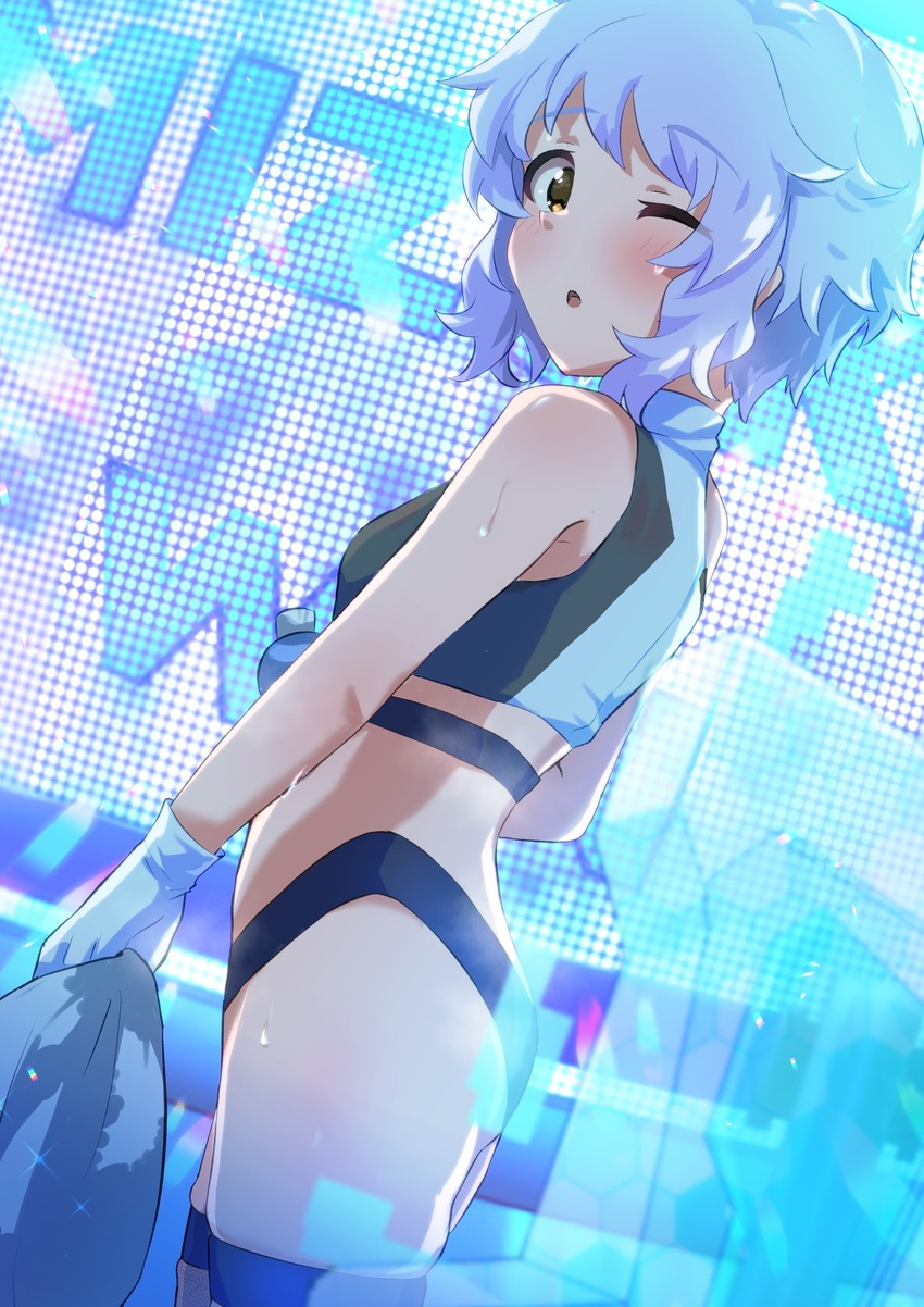 :o ass black_panties black_shirt blue_hair blush bottle breasts check_commentary commentary_request cowboy_shot crop_top dutch_angle female gloves highleg highleg_panties highres holding holding_towel hologram idolmaster idolmaster_million_live! idolmaster_million_live!_theater_days light_blue_hair looking_at_viewer makabe_mizuki official_alternate_hair_color one_eye_closed panties sanami_(sanami_t_38) screen shirt short_hair sidelocks small_breasts solo stage thigh_strap thighs towel underwear water_bottle wavy_hair white_gloves yellow_eyes