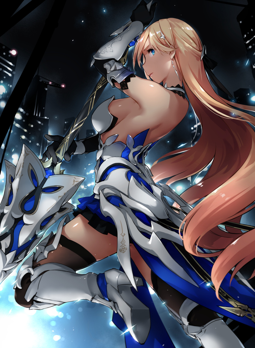 absurdres armor bare_shoulders bianka_durandal_ataegina bianka_durandal_ataegina_(bright_knight:_excelsis) blonde_hair boots breasts building city city_lights cityscape earrings female gloves high_heels highres holding holding_polearm holding_weapon honkai_(series) honkai_impact_3rd jewelry lance long_hair looking_at_viewer night night_sky no_bra outdoors polearm profile scenery sideboob sky skyscraper solo thighhighs weapon zen_juraku