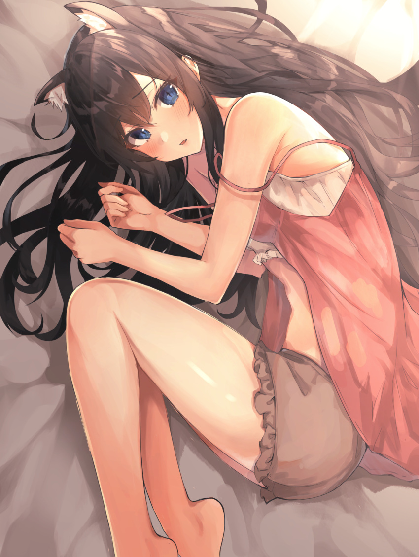 alternate_costume animal_ears bare_arms bare_shoulders black_hair blue_eyes blush brown_shorts cat_ears commentary dress extra_ears female from_above hair_spread_out highres long_hair looking_at_viewer lying on_side open_mouth pink_dress shiina_aoi short_shorts shorts solo very_long_hair yahari_ore_no_seishun_lovecome_wa_machigatteiru. yukinoshita_yukino