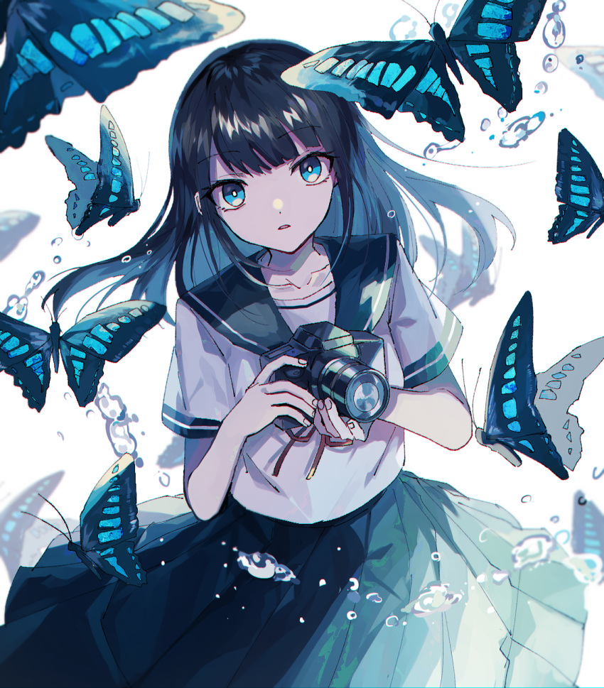 animal black_hair black_sailor_collar black_skirt blue_butterfly blue_eyes bug butterfly camera collarbone commentary_request danjou_sora female highres holding holding_camera long_hair looking_at_viewer neck_ribbon original parted_lips pleated_skirt red_ribbon ribbon sailor_collar school_uniform serafuku shirt short_sleeves simple_background skirt solo water_drop white_background white_shirt