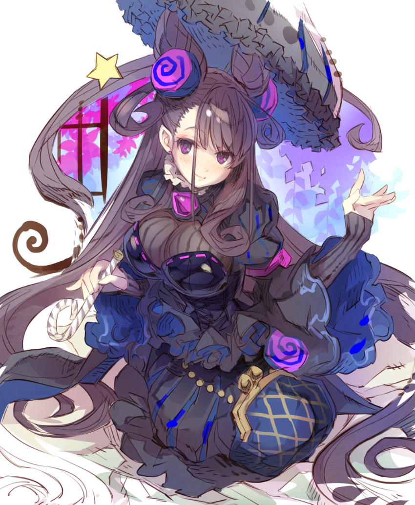 black_dress breasts brown_hair cone_hair_bun dress fate/grand_order fate_(series) female gem hair_bun hair_ornament haku_(sabosoda) highres juliet_sleeves large_breasts long_hair long_sleeves looking_at_viewer murasaki_shikibu_(fate) parasol puff_and_slash_sleeves puffy_sleeves purple_eyes purple_gemstone simple_background solo two_side_up umbrella very_long_hair white_background wide_sleeves