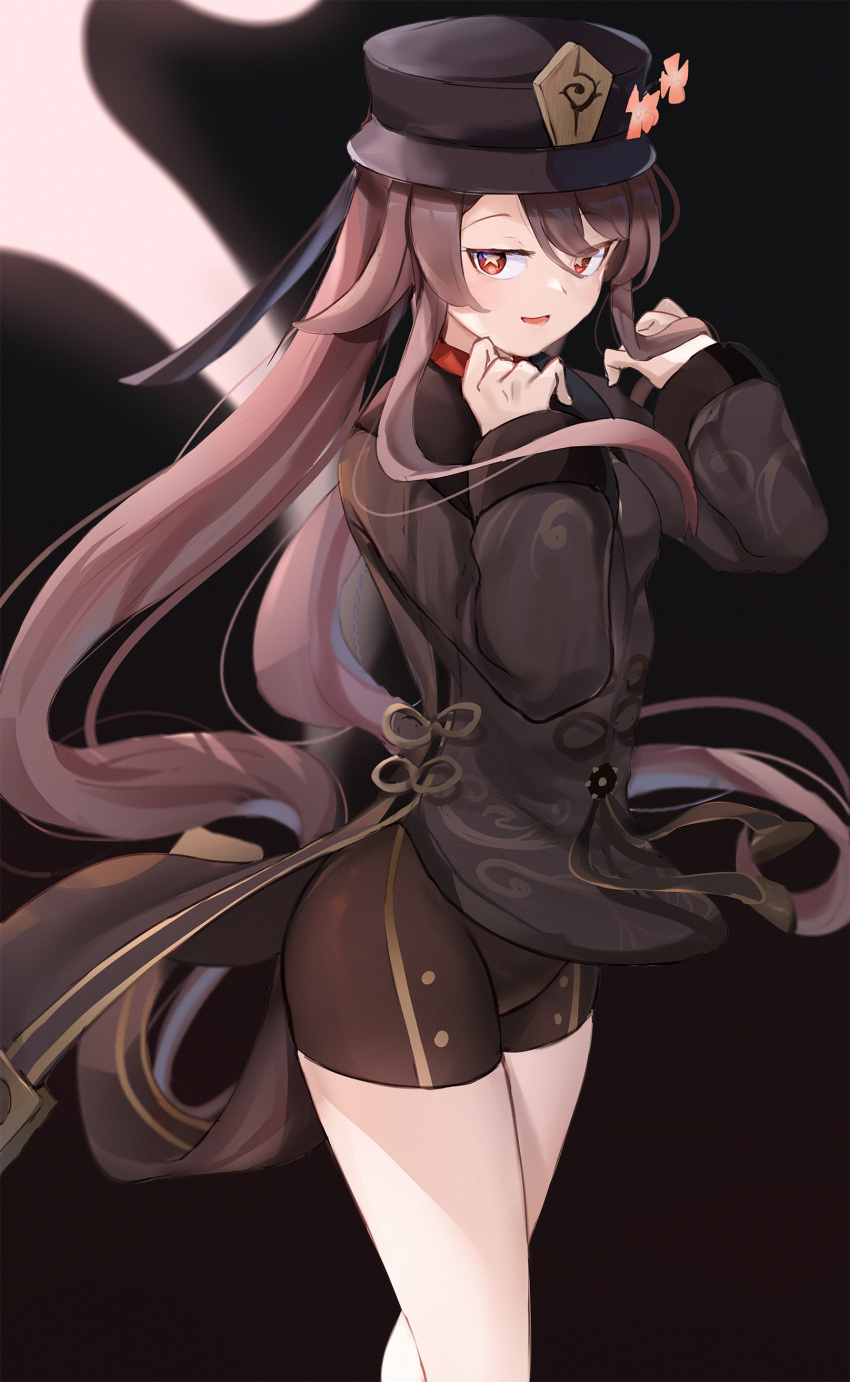 :d absurdres black_background black_shorts brown_hair chinese_clothes female genshin_impact half-closed_eyes hat highres hu_tao_(genshin_impact) long_hair long_sleeves looking_at_viewer open_mouth red_eyes short_shorts shorts simple_background smile smug solo somray tailcoat thighs twintails