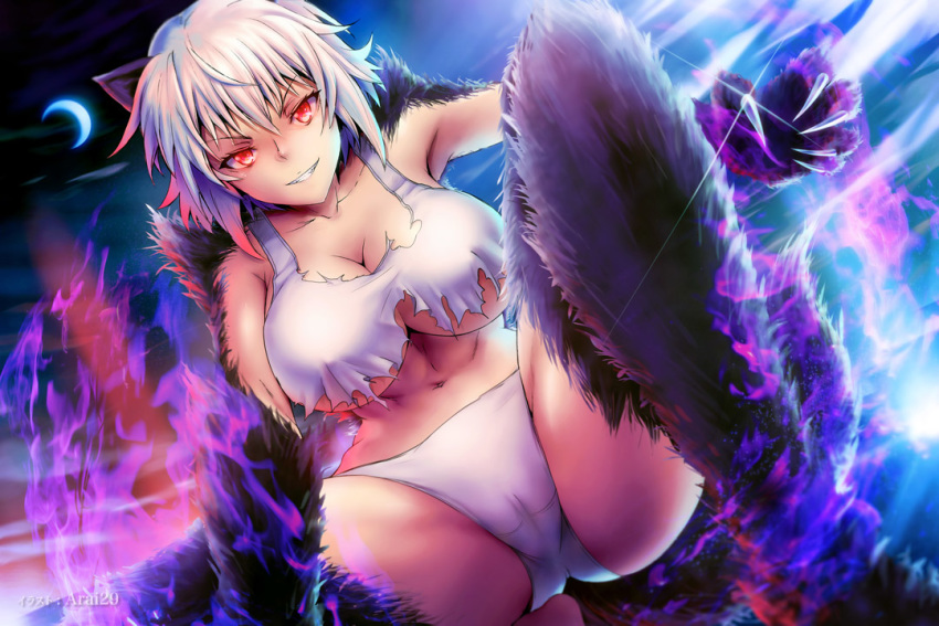 animal_ears arai29 armpits badger_ears badger_tail breasts claws cleavage collarbone crescent_moon female fingernails fur glint glowing glowing_eyes grin hair_between_eyes killing_bites large_breasts legs looking_at_viewer moon navel no_bra panties red_eyes short_hair sleeveless smile solo teeth thighs torn_clothes underwear uzaki_hitomi v-shaped_eyebrows white_hair white_panties