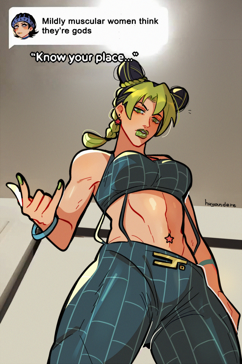 abs absurdres black_hair blonde_hair braid braided_ponytail brooch commentary cone_hair_bun derivative_work double_bun english_commentary female green_eyes green_hair gwess hair_bun highres huyandere jewelry jojo_no_kimyou_na_bouken kujo_jolyne leanbeefpatty lipstick long_hair looking_at_viewer makeup meme midriff mildly_muscular_women_think_they're_gods_(meme) multicolored_hair solo spider_web_print stone_ocean tattoo tiktok two-tone_hair