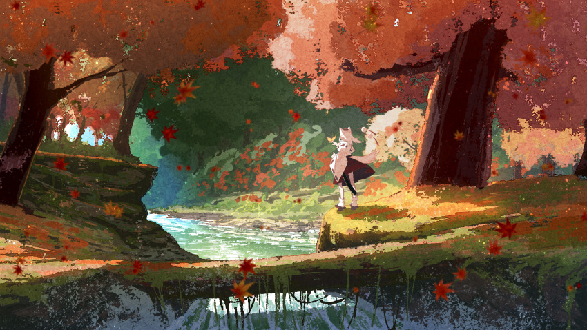 animal_ears autumn_leaves bug butterfly chinese_commentary commentary_request day female forest from_behind full_body geta hand_up hat highres inubashiri_momiji jiege long_hair long_sleeves nature outdoors pom_pom_(clothes) red_hat red_skirt river shirt skirt socks solo standing tail tengu-geta tokin_hat touhou tree white_hair white_shirt white_socks wide_sleeves wolf_ears wolf_tail