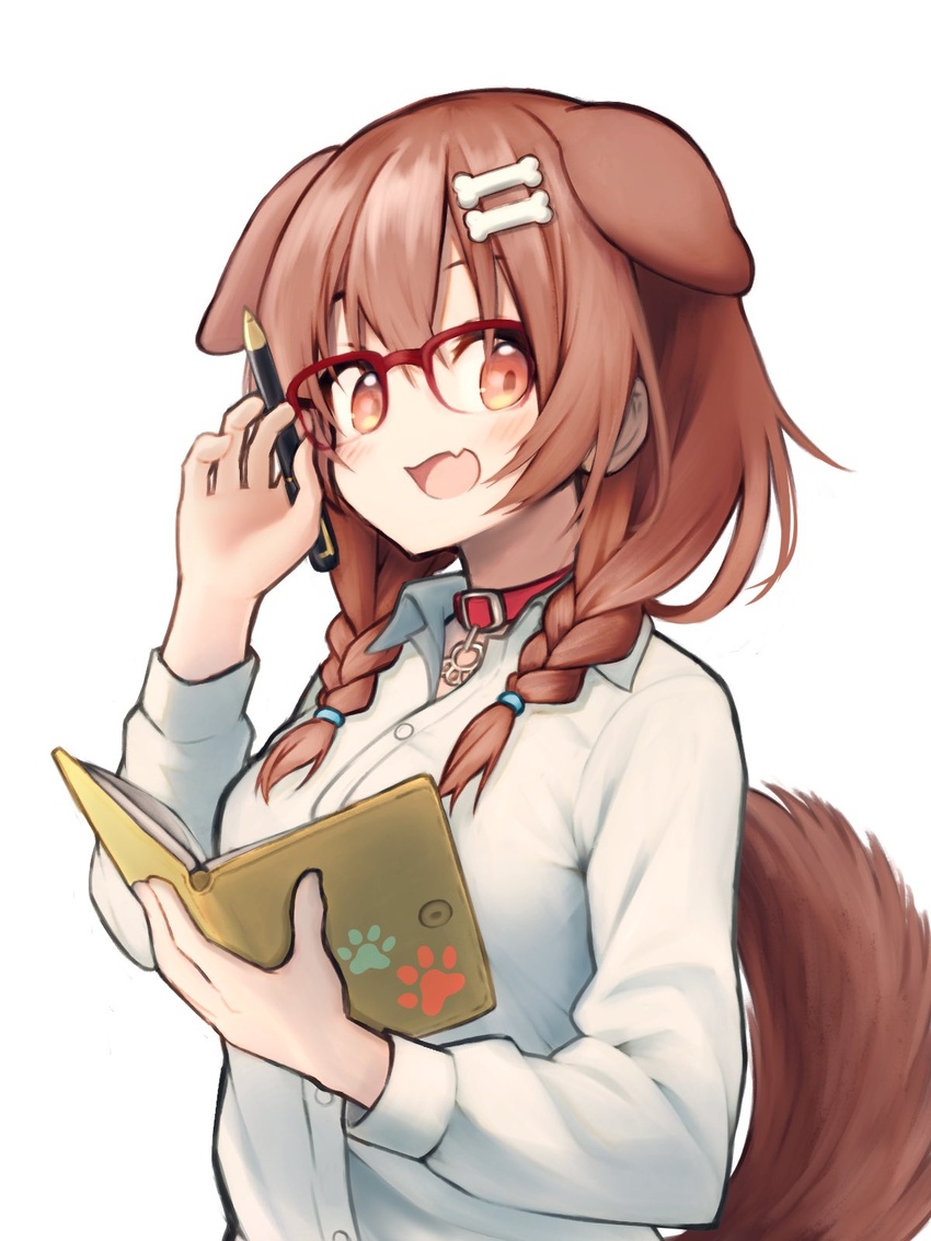 alternate_costume animal_collar animal_ears bad_id bad_twitter_id bespectacled blush bone_hair_ornament book braid brown_eyes brown_hair collar commentary_request dog_ears dog_girl dog_tail extra_ears female glasses hair_between_eyes hair_ornament hair_over_shoulder highres holding holding_book holding_pencil hololive inugami_korone long_hair looking_at_viewer oerba_yun_fang open_mouth pencil simple_background skin_fang solo tail tamasa_yamoto twin_braids twintails upper_body virtual_youtuber white_background