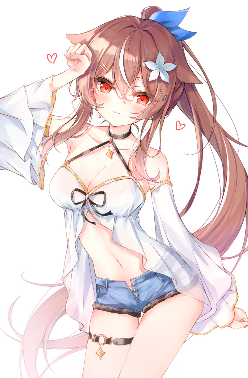 :3 animal_ears arm_up armpits bare_shoulders beliatan black_choker blue_shorts breasts brown_hair center_opening choker cleavage closed_mouth collarbone commission cowboy_shot cutoffs denim denim_shorts detached_sleeves female flower gold_trim hair_flower hair_ornament hair_ribbon halterneck highres indie_virtual_youtuber lilya_kyomi_(fiwivt) long_hair long_sleeves looking_at_viewer medium_breasts micro_shorts midriff multicolored_hair navel open_fly pixiv_commission ponytail red_eyes revealing_clothes ribbon shirt short_shorts shorts simple_background smile solo standing stomach streaked_hair thigh_strap thighs very_long_hair virtual_youtuber white_background white_shirt