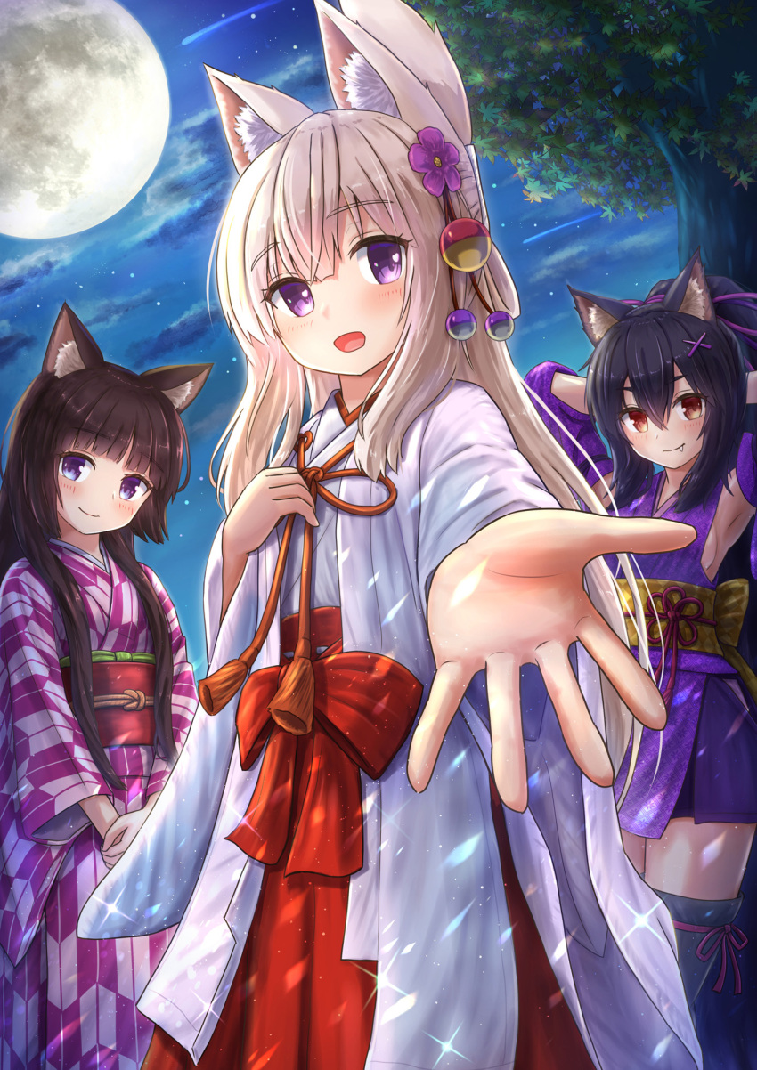 3girls :d animal_ear_fluff animal_ears armpits arms_behind_head arms_up black_hair blue_eyes blush bow brown_eyes brown_hair cat_ears closed_mouth cloud commentary_request detached_sleeves flower fox_ears full_moon hair_between_eyes hair_flower hair_ornament hairclip hakama hakama_skirt highres iroha_(iroha_matsurika) japanese_clothes kimono koyoi_(iroha_(iroha_matsurika)) kunoichi-chan_(iroha_(iroha_matsurika)) long_hair long_sleeves looking_at_viewer miko moon multiple_girls mutsuki_(iroha_(iroha_matsurika)) night night_sky obi original outdoors outstretched_arm own_hands_together ponytail print_kimono purple_eyes purple_flower purple_kimono purple_sleeves red_bow red_hakama sash short_kimono skirt sky sleeveless sleeveless_kimono smile tree very_long_hair white_kimono wide_sleeves wolf_ears x_hair_ornament yagasuri